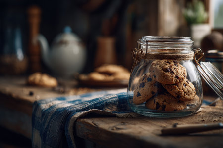 A glass jar filled with chocolate chip cookies sits on a wooden table in a cozy kitchen. Soft lighting enhances the warm atmosphere of this inviting space.の素材