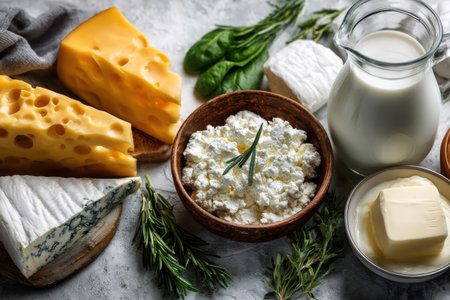 Various types of cheese, fresh herbs, and dairy items arranged on a kitchen counter, showcasing different textures and colors in a cozy culinary setting.の素材