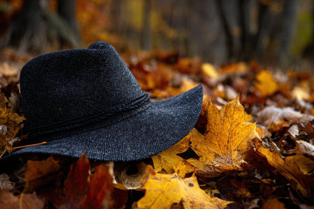 A stylish black hat is laid on a bed of bright yellow and orange autumn leaves, capturing the essence of fall in a peaceful outdoor environment.の素材