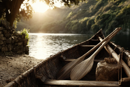 A traditional canoe rests by the calm riverbank, with wooden paddles nearby. The sun sets behind the green hills, casting a warm glow on the serene landscape.の素材