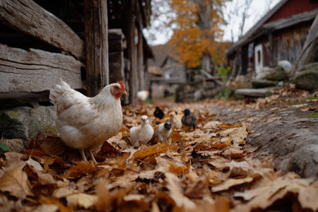 Chickens and their chicks wander along a leaf-strewn path in a rustic farm setting during a cool autumn afternoon, surrounded by wooden structures and vibrant fall colors.の素材