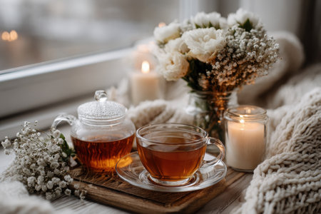 A peaceful morning vibe featuring a tea set for two on a cozy table adorned with a floral arrangement and soft candlelight, creating a tranquil atmosphere.の素材