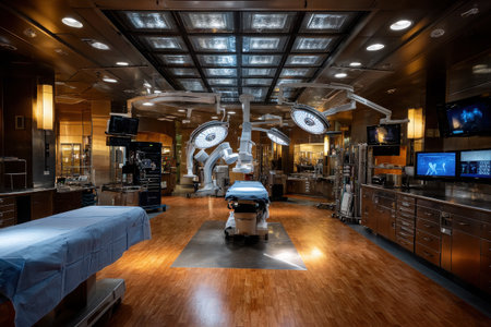 A well-equipped surgical room features advanced medical technology and bright lights, ready for procedures. The clean environment highlights a focus on patient care.の素材