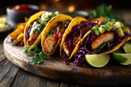 Colorful tacos filled with crispy fish, garnished with cabbage, avocado, and salsa. Served with lime wedges and a side of fries, perfect for sharing.の素材