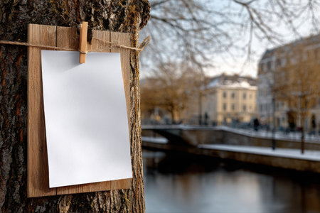 A wooden notice board is attached to a tree trunk near a calm river in a city park. The scene features bare trees and buildings in winter weather.の素材