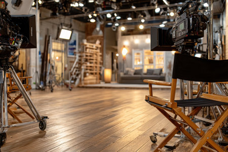 In a well-lit film studio, cameras and lights are set up. Director chairs stand in view, preparing for an upcoming movie scene or television show filming.の素材