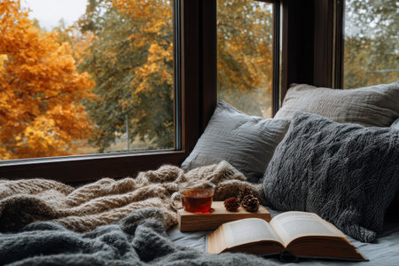 A warm reading nook features a cup of tea, an open book, and soft blankets, with vibrant autumn leaves visible through the window, creating a serene atmosphere.の素材