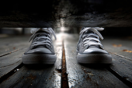 Grey sneakers with white laces sit on a wooden floor, partially illuminated by soft light from an opening, creating a serene and atmospheric scene.の素材