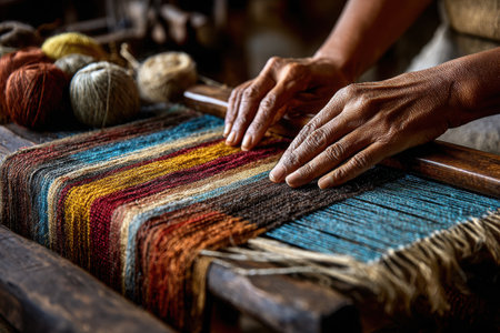 A skilled artisan works on a weaving loom, manipulating vibrant threads to craft beautiful textiles. The workshop is filled with colorful yarns and materials.の素材