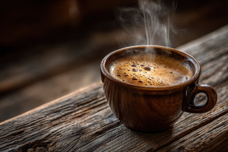 A steaming cup of coffee sits on a weathered wooden table. The warm beverage invites relaxation and comfort in a cozy atmosphere.の素材