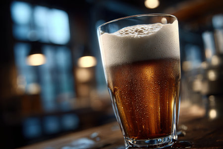 A frosty glass of craft beer is displayed on a wooden bar counter, glistening with condensation. Soft lighting creates a warm atmosphere in a brewery.の素材
