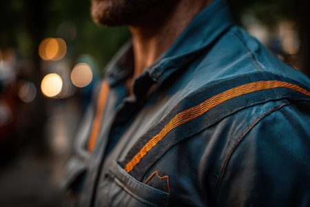 A man stands outdoors, showcasing a blue shirt with orange stripes. Soft evening light creates a warm glow, highlighting the details of the fabric and surroundings.の素材