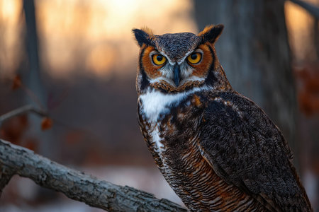 An owl sits silently on a branch in a forest at sunset, showcasing its striking feathers and intense gaze against a blurred golden background.の素材