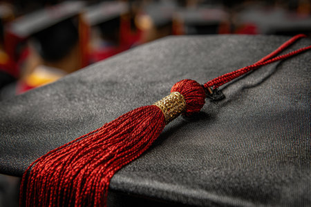 A close-up of a graduation cap featuring a red tassel placed on a table at a ceremony venue. The setting indicates a celebration of academic achievement.の素材