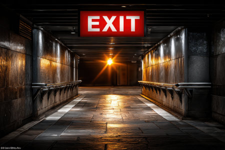 A bright red exit sign illuminates a dark corridor, guiding the way to a brighter area. The floor glimmers with reflections, creating an eerie yet inviting atmosphere.の素材