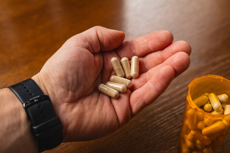 A person holds several nutritional capsules in their hand. They stand next to a bottle that contains...