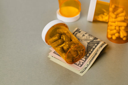 A few prescription bottles are spilled on a table alongside a stack of cash. The scene shows a...
