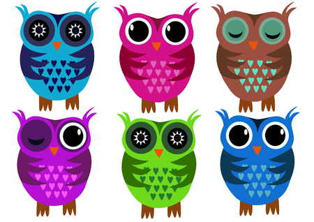 Group of six Owels differant color sleepの写真素材