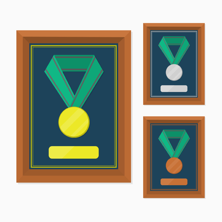 three medals with gold, silver, and bronze, each one in frameのイラスト素材