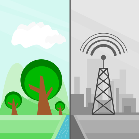 two different environment, the green world and the gray worldのイラスト素材