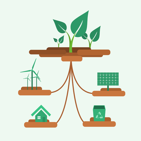 three plants with their roots connected to different symbolsのイラスト素材