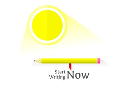 yellow pencil, shining sun, and words of start writing nowのイラスト素材