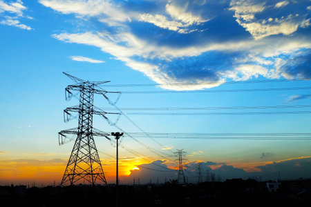 Blue sky with High voltage pole .の写真素材