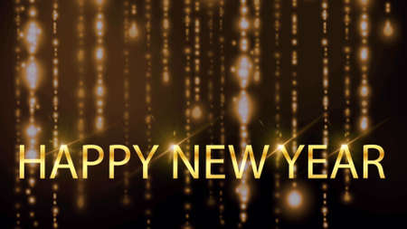 Golden text HAPPY NEW YEAR with orange light sparkling particles on black background.の写真素材