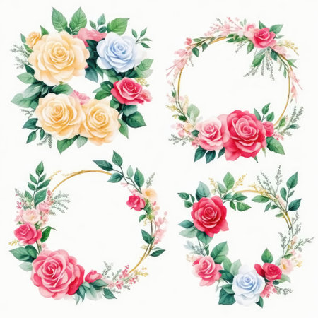 Set of floral wreaths isolated on white background. Watercolor hand drawn illustration.の素材
