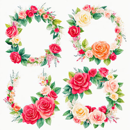 Flower frame with roses isolated on white background. Floral wreath.の素材