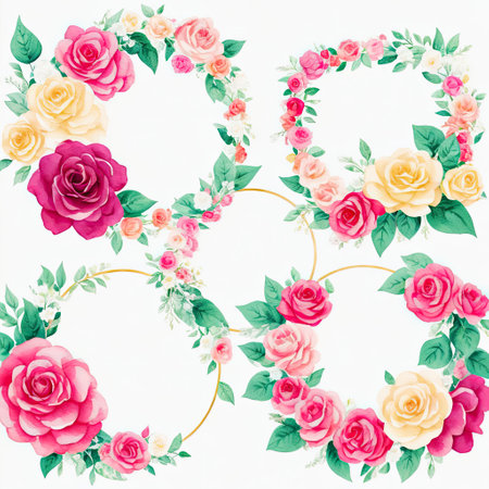 Floral frame with roses on white background. Flat lay, top view.の素材