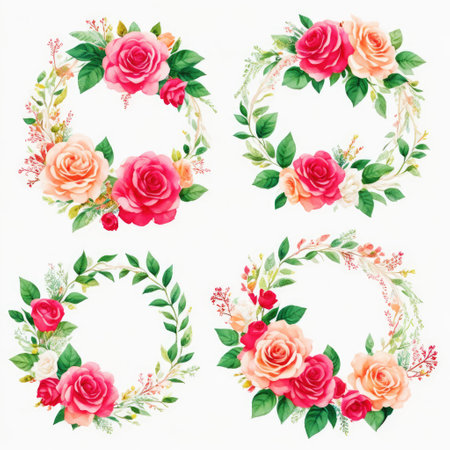 Set of watercolor floral wreaths isolated on white background.の素材