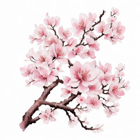 Watercolor cherry blossom branch isolated on white background. Japanese style.の素材