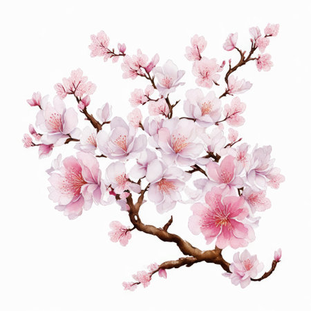 Cherry blossom branch isolated on white background. Watercolor hand drawn illustration.の素材
