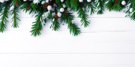 Christmas greeting card with fir tree branches covered with snow on white wooden table. Top view with copy spaceの素材