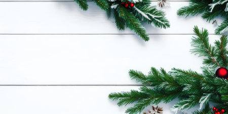 Christmas background. Top view of christmas tree branches with decoration on white wooden tableの素材