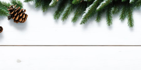 Christmas background with fir branches and pine cones on white wooden table. Top view with copy spaceの素材