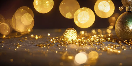 Christmas decorations of bokeh and gold glitter particles in the background,Generative AI.の素材