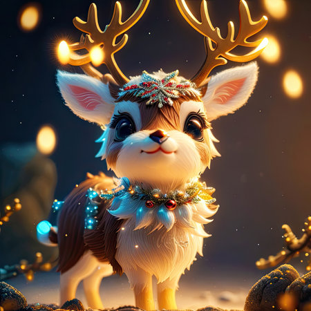 White reindeer and gold glitter particles with light bokeh background,Generative AI.の素材