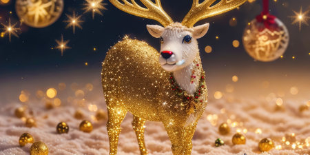 Christmas decorations of bokeh with gold glitter particles and gold reindeer in the background,Generative AI.の素材