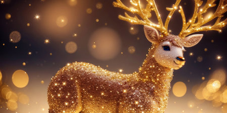 Christmas decorations of bokeh with gold glitter particles and gold reindeer in the background,Generative AI.の素材