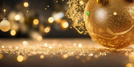 Christmas decorations of bokeh and gold glitter particles in the background,Generative AI.の素材