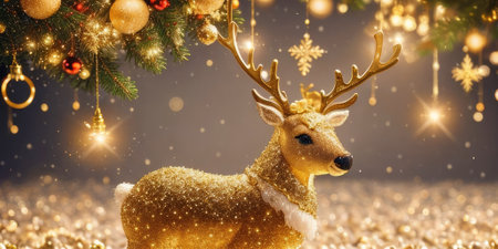 Christmas decorations of bokeh with gold glitter particles and gold reindeer in the background,Generative AI.の素材