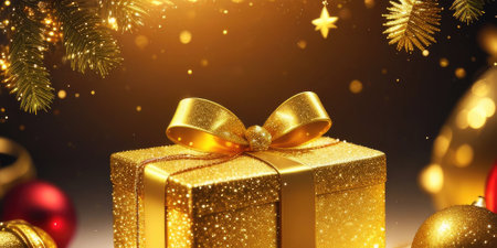 Gold gift boxes and gold glitter particles with  bokeh light background,Generative AI.の素材