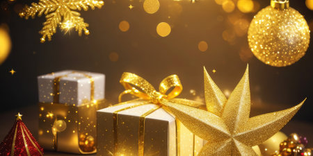 Gold gift boxes and gold glitter particles with  bokeh light background,Generative AI.の素材