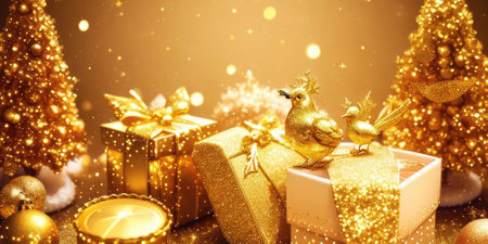 Gold gift boxes and gold glitter particles with  bokeh light background,Generative AI.の素材
