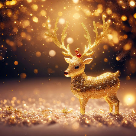 Gold reindeer  and gold glitter particles with light bokeh background,Generative AI.の素材
