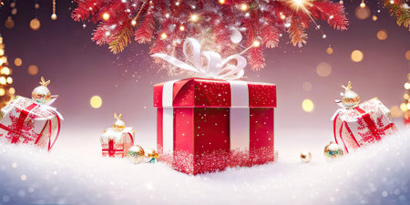 Red gift boxes and gold glitter particles with bokeh light background,Generative AI.の素材