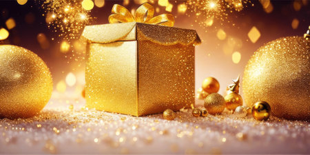 Gold gift boxes and gold glitter particles with bokeh light background,Generative AI.の素材