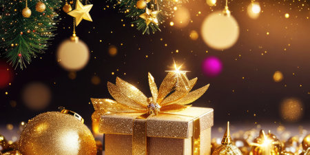 Gold gift boxes and gold glitter particles with bokeh light background,Generative AI.の素材